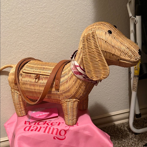 Wicker Darling Handbags - Wicker Darling Dog-Shaped Wicker Bag - Natural and Pink